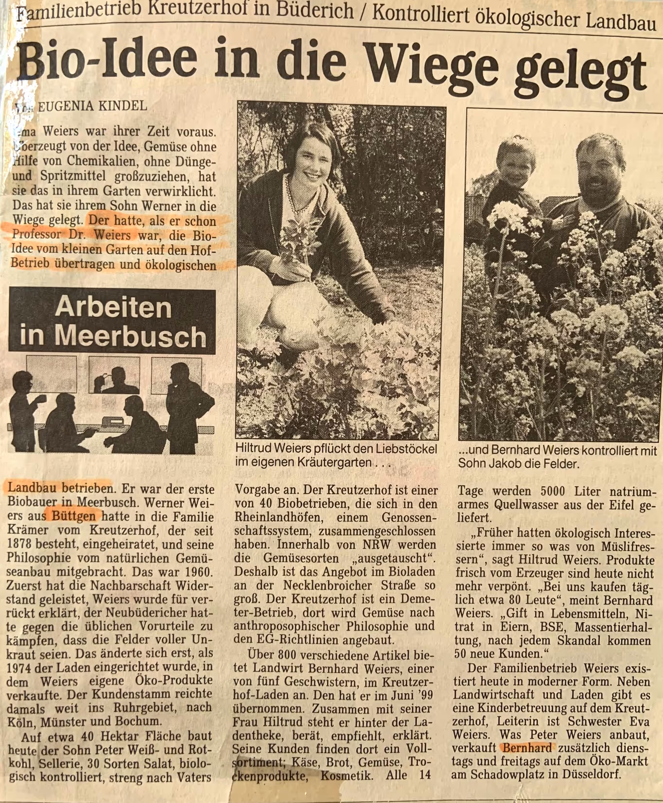 Zeitungsartikel mit dem Titel „Bio-Idee in die Wiege gelegt“ über die Familie Weiers, die ökologischen Landbau betreibt, mit Schwarz-Weiß-Fotos von Hiltrud Weiers im Kräutergarten und Bernhard Weiers mit Sohn Jakob auf dem Feld.